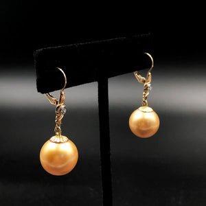 Beautiful Rare 12.5mm Golden South Sea Pearl and Diamond Drop Earrings.