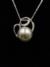 Load image into Gallery viewer, 13.4MM Silver Grey Tahitian Pearl in 18kt White Gold Pendant with .35ct Diamonds