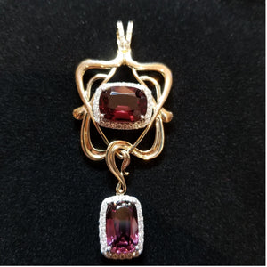 Very Rare 2 Stone Burmese Spinel Pendant with Diamonds in 14kt Yellow Gold