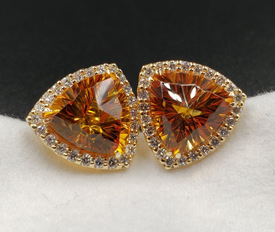 New Earrings with 8ct Total Weight Madeira Citrine Trillions Cut by Mark Gronlund with 1ct SI1 G Color Dimaonds