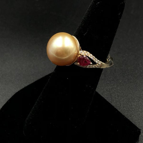 12.5mm Golden South Sea Pearl Ring with .95ctw Rubies and Diamonds.