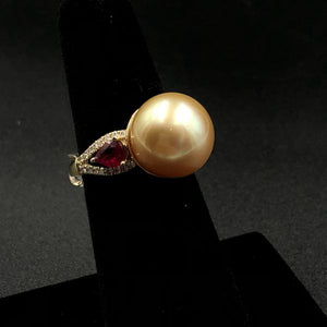 12.5mm Golden South Sea Pearl Ring with .95ctw Rubies and Diamonds.