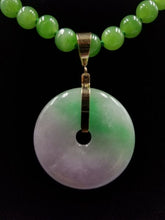 Load image into Gallery viewer, Bi-Color Lavender and Green Jadeite Pendant in 14kt Gold on Jade Bead Necklace.