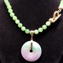 Load image into Gallery viewer, Bi-Color Lavender and Green Jadeite Pendant in 14kt Gold on Jade Bead Necklace.