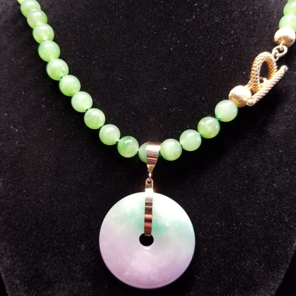Bi-Color Lavender and Green Jadeite Pendant in 14kt Gold on Jade Bead Necklace.