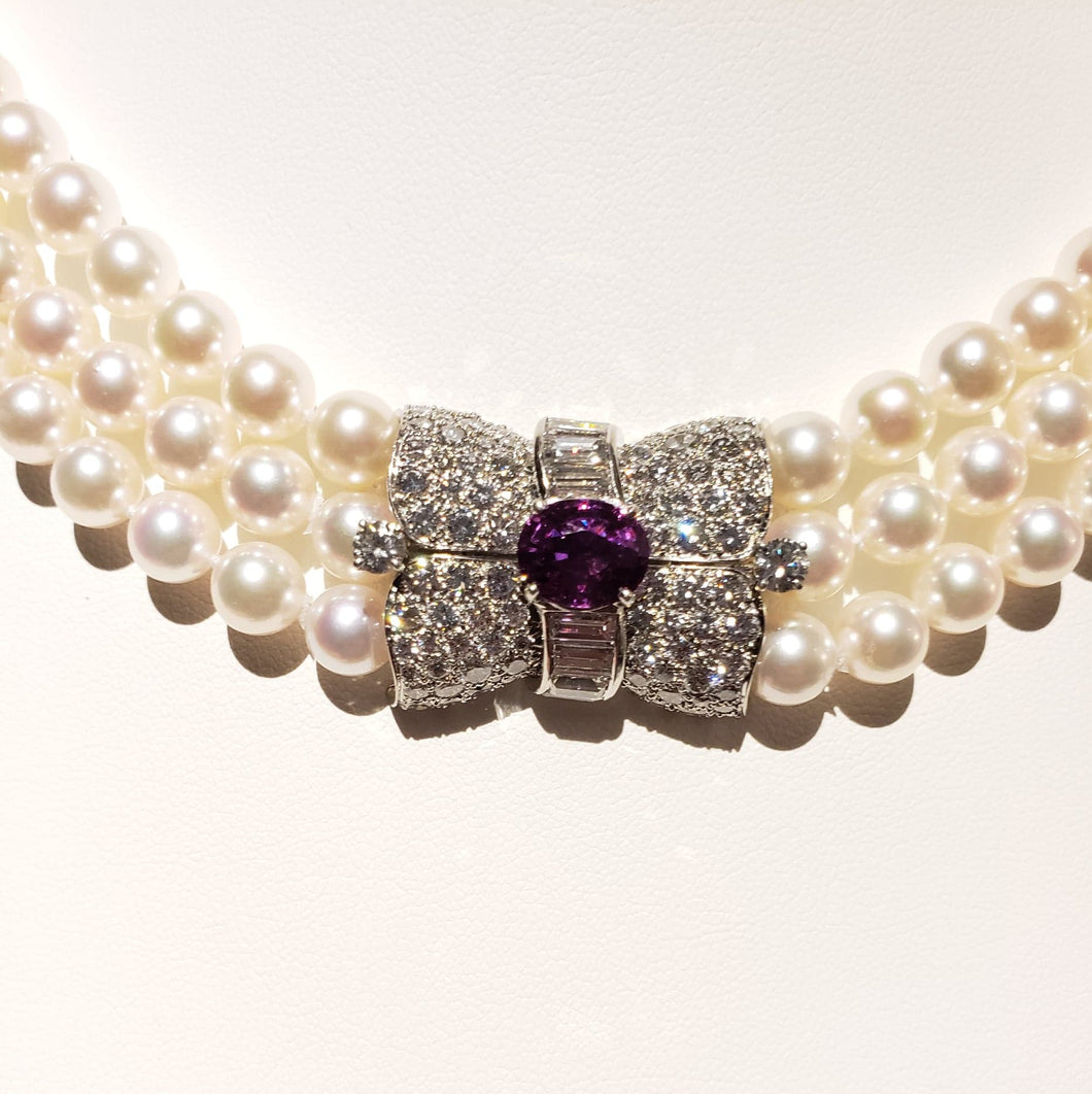 Three Strand 17 inch 6.5-7mm new AAA+ quality Akoya Pearl Necklace with Vintage Sapphire and Diamond Clasp.